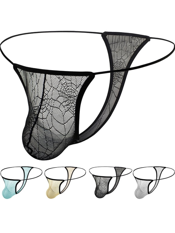 Mens G-String Underwear T-Back Briefs Lace Breathable Thong Bulge-Pouch Bikini Low Rise Triangle Panties White M