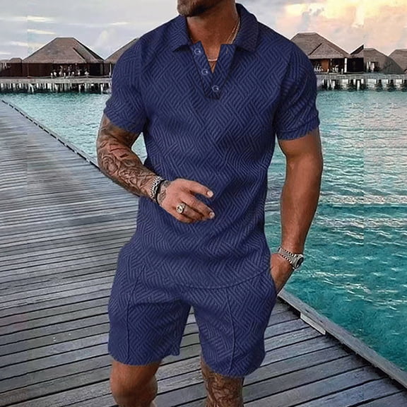 UVEASISHA Mens Golf 2 Piece,Men's Short Sets Outfits Two Piece Summer Tracksuit Short Sleeve Polos Shirt and Short Sets Summer Outfits for Men 2025 Plus Size Dark Blue