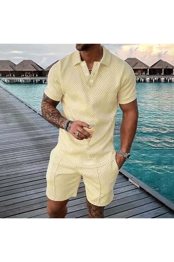 Mens Golf 2 Piece,Men's Short Sets Outfits Two Piece Summer Tracksuit Short Sleeve Polos Shirt and Short Sets Summer Outfits for Men 2025 Plus Size Beige