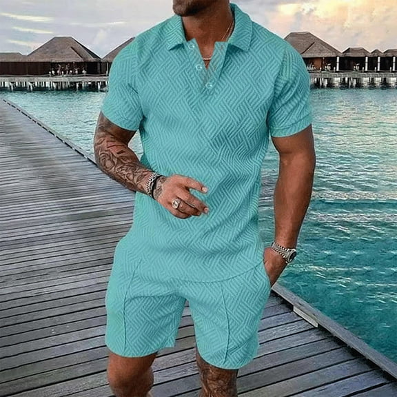 UVEASISHA Mens Golf 2 Piece,Men's Short Sets Outfits Two Piece Summer Tracksuit Short Sleeve Polos Shirt and Short Sets Summer Outfits for Men 2025 Plus Size Light Blue