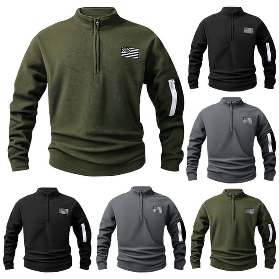 UVEASISHA Mens Half Zip Sweatshirt Winter Fuzzy Fleece Stand Collar Pullover Sweatshirts American Flag Graphic Cargo Sweatshirt Army Green S