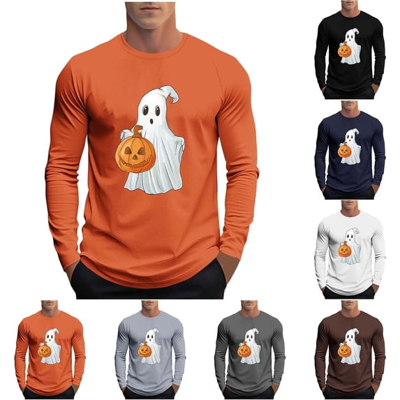 UVEASISHA Mens Halloween Long Sleeve T Shirts Funny Ghost Pumpkin Print Graphic Tees Regular Fit Casual Crewneck Pullover Holiday Gifts for Men Coffee M