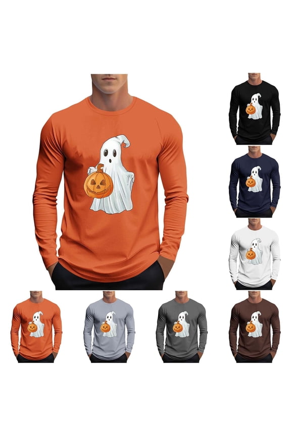 Mens Halloween Long Sleeve T Shirts Funny Ghost Pumpkin Print Graphic Tees Regular Fit Casual Crewneck Pullover Holiday Gifts for Men Navy XL