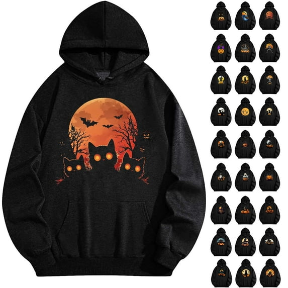 UVEASISHA Mens Halloween Pullover Hoodies Funny Cat Pumpkin Graphic Sweatshirts Oversized Long Sleeve Hoody Tops Holiday Casual Kangaroo Hoodie Black M