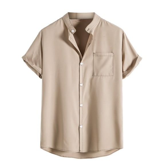 UVEASISHA Mens Hawaiian Shirts Short Sleeve Button Up T Shirt Solid Color Casual Turn Down Collar Tee Summer Tropical Beach Tshirt with Pocket 2024 Beige XXL