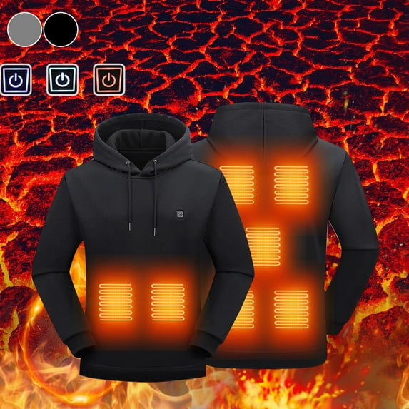 UVEASISHA Mens Heated Hoodie 7 Electric Heating Zones Pullover Tops Drawstring Long Sleeve Hooded Sweatshirts Unisex Fleece Hoody with Pocket Black M