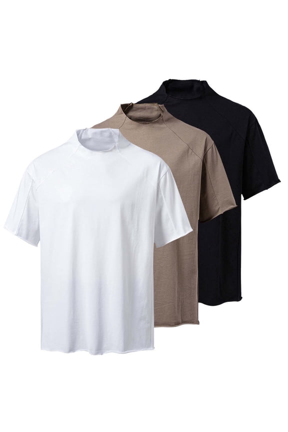 Mens Heavyweight Cotton T-Shirt Turtleneck Short Sleeve Solid T-Shirt Loose Fit Casual Athletic Tees Black L