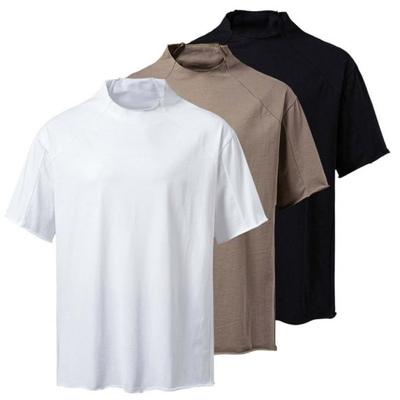 UVEASISHA Mens Heavyweight Cotton T-Shirt Turtleneck Short Sleeve Solid T-Shirt Loose Fit Casual Athletic Tees Khaki M