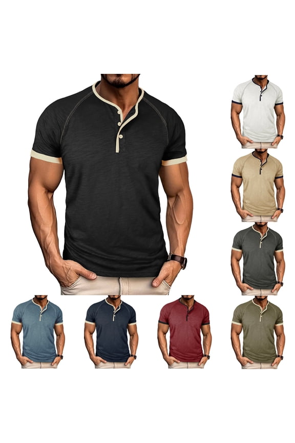 Mens Henley Short Sleeve T-Shirt 3 Button Collarless T Shirts for Men Business Casual Regular Fit Tee Shirt Summer Fashion Colorblock Pullover Shirt Khaki XXL