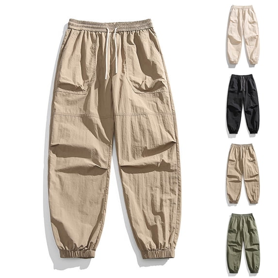 UVEASISHA Mens Hiking Jogger Pants Lightweight Quick Dry Cargo Pants Elastic Waist Drawstring Sweatpants Outdoor Waterproof Work Trousers with Pockets Beige M