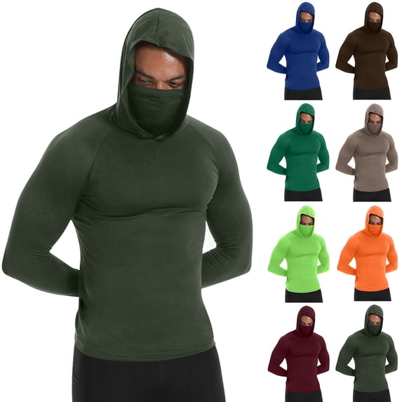 UVEASISHA Mens Hoodie with Face Mask Sun Protection Hooded Fishing Shirts UPF 50+ Long Sleeve Hiking Shirt Milk Silk Soft Gym Muscle Tees Army Green M