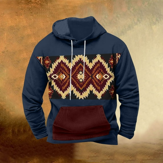 UVEASISHA Mens Hoodies Pullover Vintage Ethnic Style Print Hooded Sweatshirt Cowboy Western Aztec Drawstring Tops with Kangaroo Pocket Dark Blue M