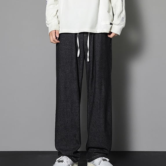 UVEASISHA Mens Jeans Baggy Casual Denim Pants Lightweight Drawstring Straight Wide Leg Pants Black XXL