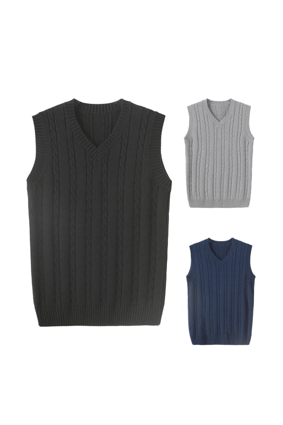 Mens Knit Sweater Vest Regular Fit Casual V Neck Sleeveless Pullovers Cable Knit School Uniform Jumper Tops Fall Winter Fashion Clothes Black 2XL