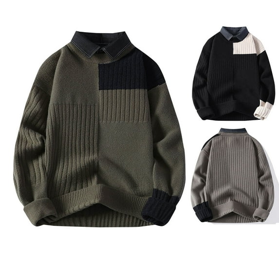 UVEASISHA Mens Lapel Collar Sweater Fake Two-Piece Knit Pullover Color Block Casual Jumper Sweaters Fall Winter Long Sleeve Knitted Tops Prime Sales Today Black L(170/84A)