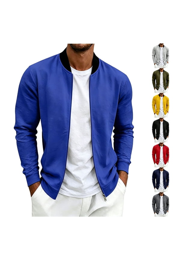 Mens Light Jackets Color Block Ribbed Collar Casual Bomber Jackets Slim Fit Stylish Zip Up Varsity Jacket Thin Breathable Fall Outerwear Blue 3XL