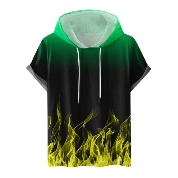 UVEASISHA Mens Light Weight Short Sleeve Hoodie for Men 3D Flame Print Workout Gym Sweatshirt Muscle Fit Fashion Athletic Hoodies Pullover Hooded T-Shirts 2025 Yellow