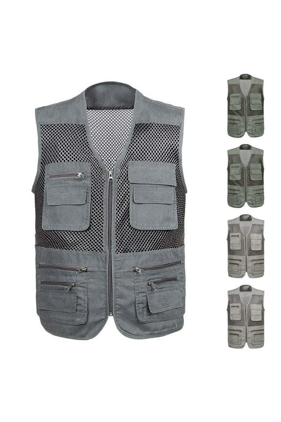 Mens Lightweight Cargo Vest Outdoor Mesh Quick Dry Fishing Vest Full Zip V Neck Sleeveless Work Jackets with Multi Pockets Army Green L