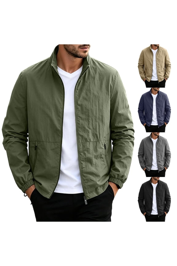 Mens Lightweight Jackets Full Zip Stand Collar Sun Protection Jacket Outdoor Quick Dry Workout Running Fishing Hiking Travel Jackets with Pockets Army Green L