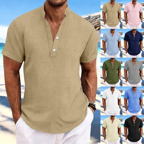UVEASISHA Mens Linen Beach Shirts Short Sleeve Henley V Neck T-Shirt Regular Fit Casual Vacation Tshirts Summer Solid Button Up Collarless Tee Shirt Blue XL