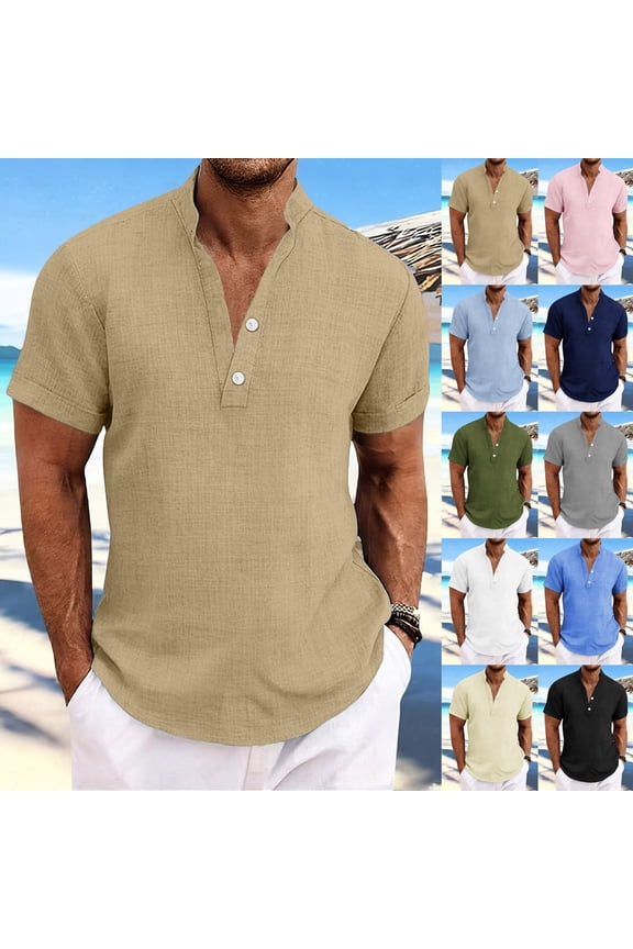 Mens Linen Beach Shirts Short Sleeve Henley V Neck T-Shirt Regular Fit Casual Vacation Tshirts Summer Solid Button Up Collarless Tee Shirt Khaki XL