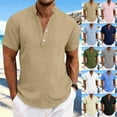 thumbnail image 1 of UVEASISHA Mens Linen Beach Shirts Short Sleeve Henley V Neck T-Shirt Regular Fit Casual Vacation Tshirts Summer Solid Button Up Collarless Tee Shirt Navy L, 1 of 7