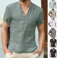 thumbnail image 1 of UVEASISHA Mens Linen Henley Shirt Solid Color Regular Fit Short Sleeve Shirts Summer Button Up Collarless T-Shirt Lightweight Casual Beach Shirts with Pocket Khaki L, 1 of 3