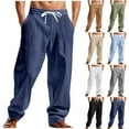 thumbnail image 1 of UVEASISHA Mens Linen Pants Casual Straight Leg Cargo Pants Loose Fit Drawstring Elastic Waist Work Trousers Solid Color Vintage Beach Pants with Pockets Light Blue XXL, 1 of 10