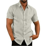UVEASISHA Mens Linen Shirts 2024 Short Sleeve Button Up Casual Lightweight Solid Color Work Shirt Stylish Cuban Guayabera Beach Tops Beige L