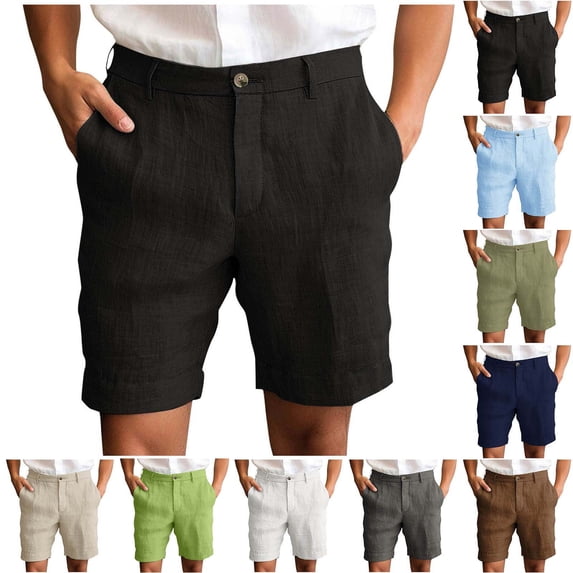 UVEASISHA Mens Linen Shorts Summer Casual Business Dress Shorts Roll Up Straight Leg Loose Short Pants Solid Color Button Waist Work Shorts with Pockets White XXL