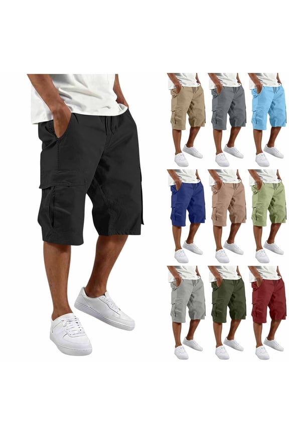 Mens Long Cargo Shorts Elastic Drawstring Waist Capri Pants Lightweight Casual 3/4 Capris Solid Color Baggy Work Trousers with Pockets Gray M