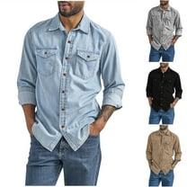 UVEASISHA Mens Long Sleeve Cargo Shirt Regular Fit Button Down Denim Shirt Cowboy Casual Lapel Collar Work Shirts with Pockets Light Blue L