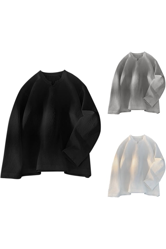 Mens Long Sleeve Cotton Tshirts Loose V Neck Oversized T-Shirts Solid Color Casual Relaxed Fit Pullover Tees Big and Tall Streetwear Tops Todays Sales Today