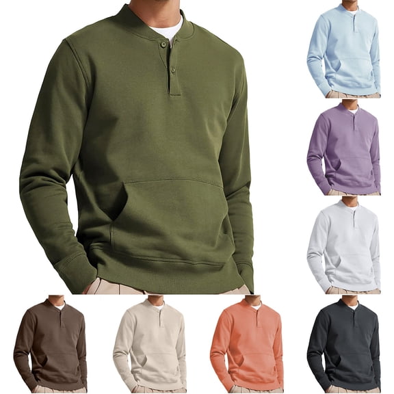 UVEASISHA Mens Long Sleeve Henley Sweatshirt Cotton Casual Button Collarless Golf Shirts Fall Fashion Solid Color Pullover Tops with Kangaroo Pocket Todays Sales Today,Pink,L