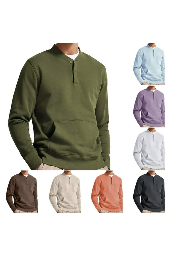 Mens Long Sleeve Henley Sweatshirt Cotton Casual Button Collarless Golf Shirts Fall Fashion Solid Color Pullover Tops with Kangaroo Pocket Army Green XL
