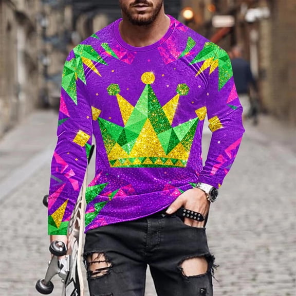 UVEASISHA Mens Long Sleeve Mardi Gras T-Shirts Big and Tall Fashion Hipster Graphic Tees Carnival Themed Printed Workout Shirt Hip Hop Streetwear Tee Tops Purple XXL