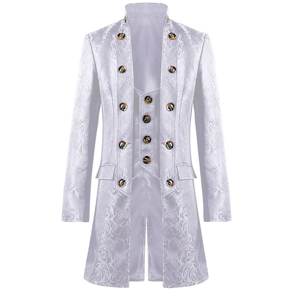 UVEASISHA Mens Long Tuxedo Jacket Steampunk Tailcoat Jacket Stand Collar Vintage Courtly Style Suit Jackets Single Breasted Regular Fit Long Coat Clearance Sales,White,XL
