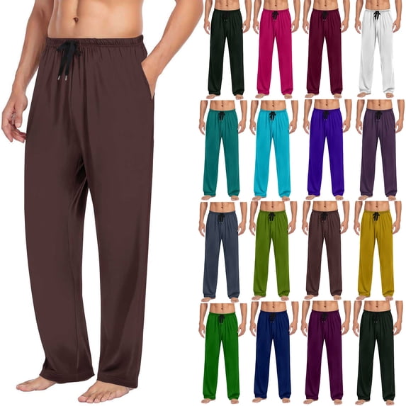 UVEASISHA Mens Lounge Pants Lightweight Stretch Pj Bottoms Drawstring Elastic Waist Sleep Pant Solid Color Loose Straight Leg Trousers Pink M