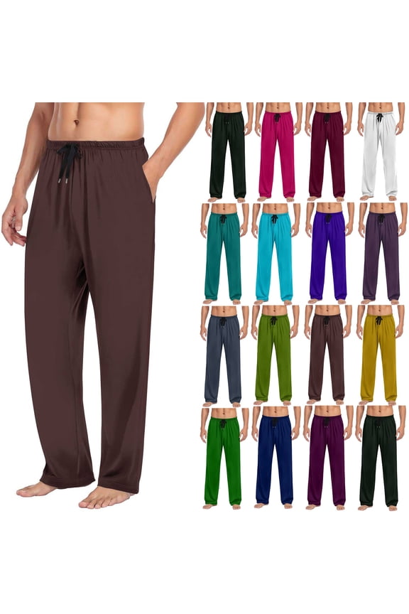 Mens Lounge Pants Lightweight Stretch Pj Bottoms Drawstring Elastic Waist Sleep Pant Solid Color Loose Straight Leg Trousers Wine L