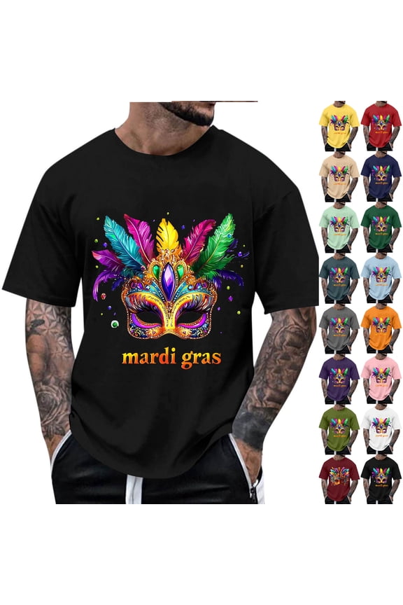 Mens Mardi Gras Tshirt Short Sleeve Crewneck Graphic Tees Carnival Themed Printed Loose T-Shirts Trendy New Orleans Party Shirt Black XXL