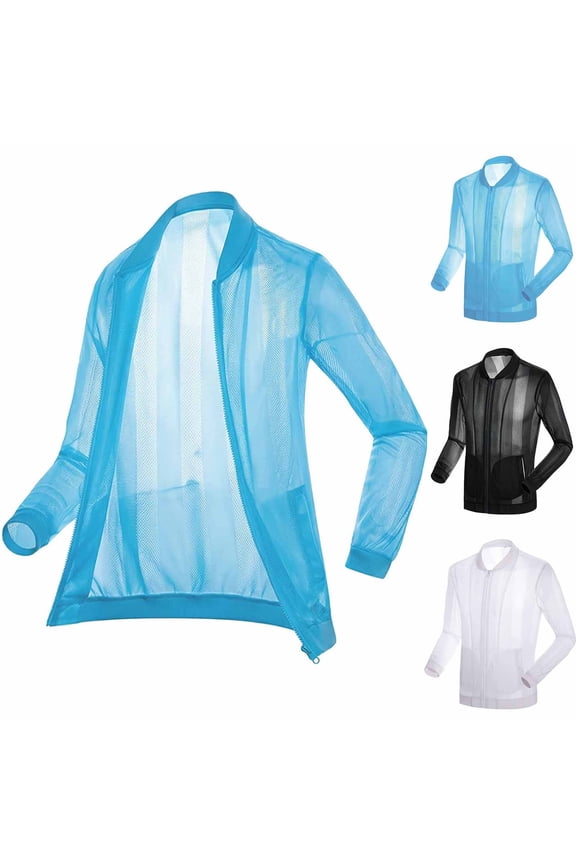 Mens Mesh Bomber Jackets Full Zip Long Sleeve Lightweight Jacket See Through Sun Protection Windbreaker Jackets for Outdoor Travel Hiking with Pockets Light Blue 3XL