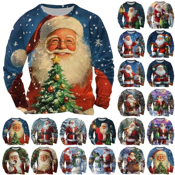 UVEASISHA Mens Oversized Christmas Sweatshirts Cute Santa Claus Print Fall Tops Xmas Casual Long Sleeve Crewneck Pullover Sweatshirt Holiday Funny Gifts Sales Today Clearance Blue 2XL