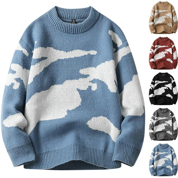 UVEASISHA Mens Oversized Graphic Sweater Crewneck Long Sleeve Knitted Pullover Cable Knit Jumper Tops Fall Winter Trendy Casual Sweaters Clearance Sales Today Red M