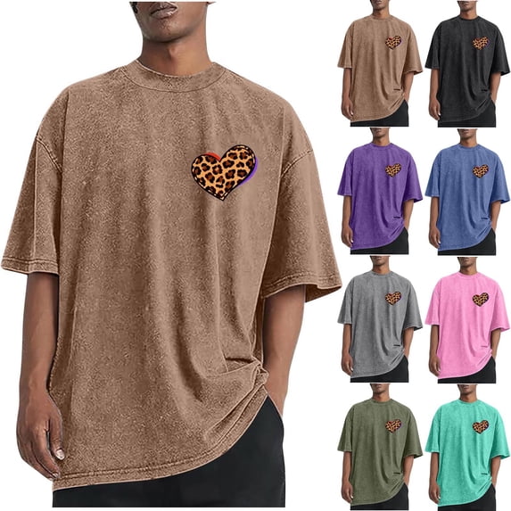 UVEASISHA Mens Oversized Short Sleeve Tshirt Trendy Leopard Heart Print Graphic Tees Big and Tall Casual Loose T-Shirts Holiday Pullover Shirt Blue XL