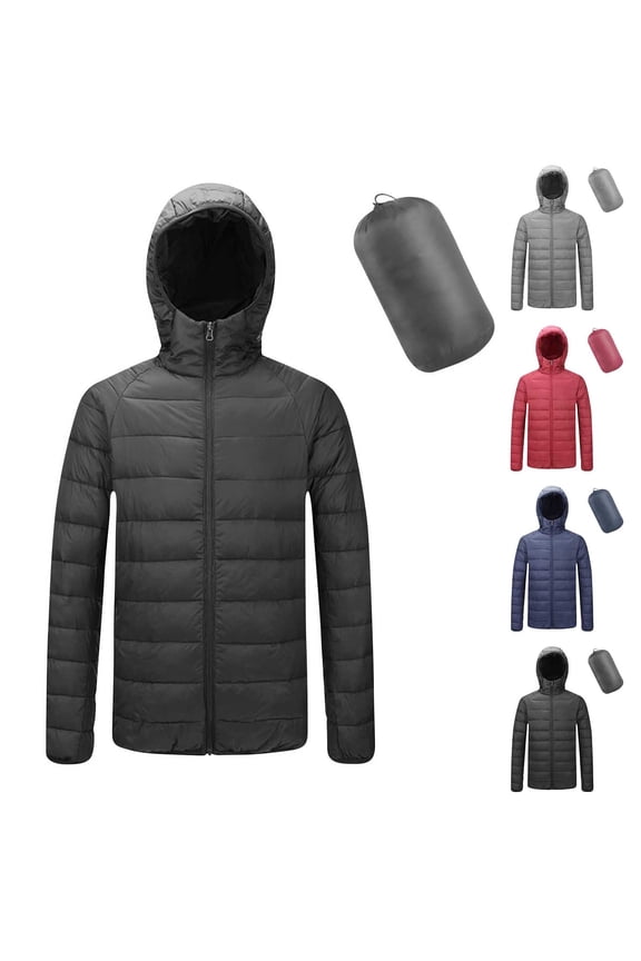 Mens Packable Puffer Jackets Winter Lightweight Hooded Down Coats Slim Fit Casual Full Zip Quilted Jacket Foldable Warm Outerwear Black XXL
