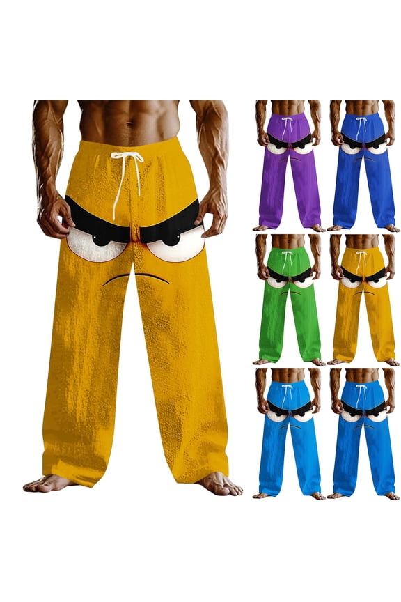 Mens Pajama Pants Funny Cartoon Face Printed Linen Slacks Loose Fit Straight Leg Beach Trousers Drawstring Elastic Waist Lounge Pants with Pockets Green S