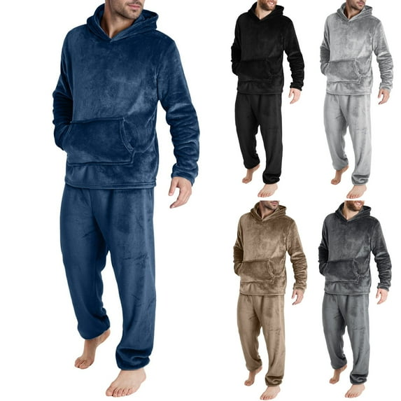 UVEASISHA Mens Pajamas Set Fuzzy 2 Piece Lounge Sets Thermal Outfit Fleece Sherpa Loungewear Hoodies and Jogger Pant Suits with Pockets Gray L