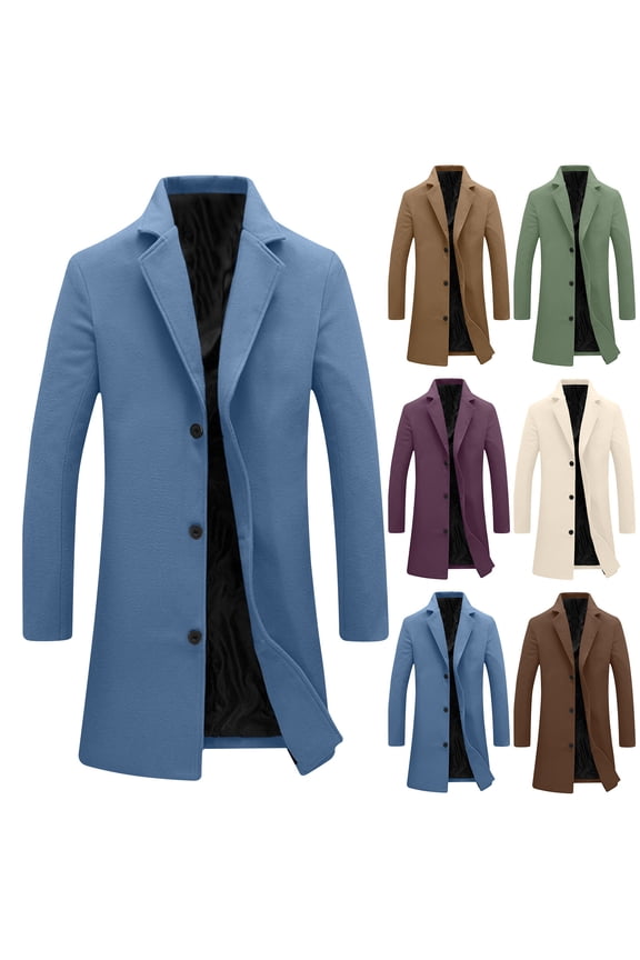 Mens Peacoat Big and Tall Casual Single Breasted Trench Coats Winter Wool Blend Warm Overcoat Slim Fit Fashion Long Pea Coat with Pockets Blue 5XL
