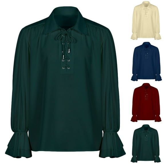 UVEASISHA Mens Pirate Shirt Renaissance Retro Lace Up Polos Shirts Ruffle Long Sleeve Collared Golf Shirts Gothic Medieval Costume Red XL