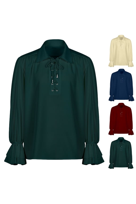 Mens Pirate Shirt Renaissance Retro Lace Up Polos Shirts Ruffle Long Sleeve Collared Golf Shirts Gothic Medieval Costume Sales Today,Blue,S